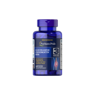 Puritan's Pride Glucosamine Chondroitin MSM, with 60 blue capsules, supports cartilage and joint function. Take 3 daily for optimal benefits from the combined power of glucosamine and chondroitin.
